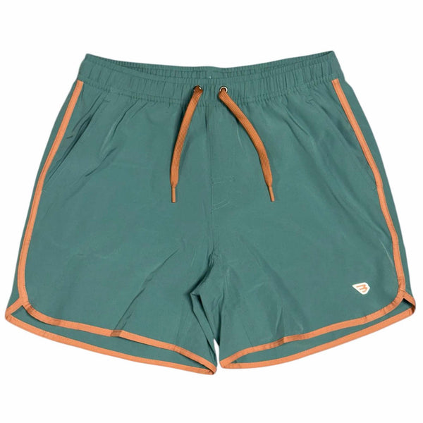 Front flatlay of Burlebo 5 Inch Lined Swim Shorts in Saltwater Teal shown on a white background.
