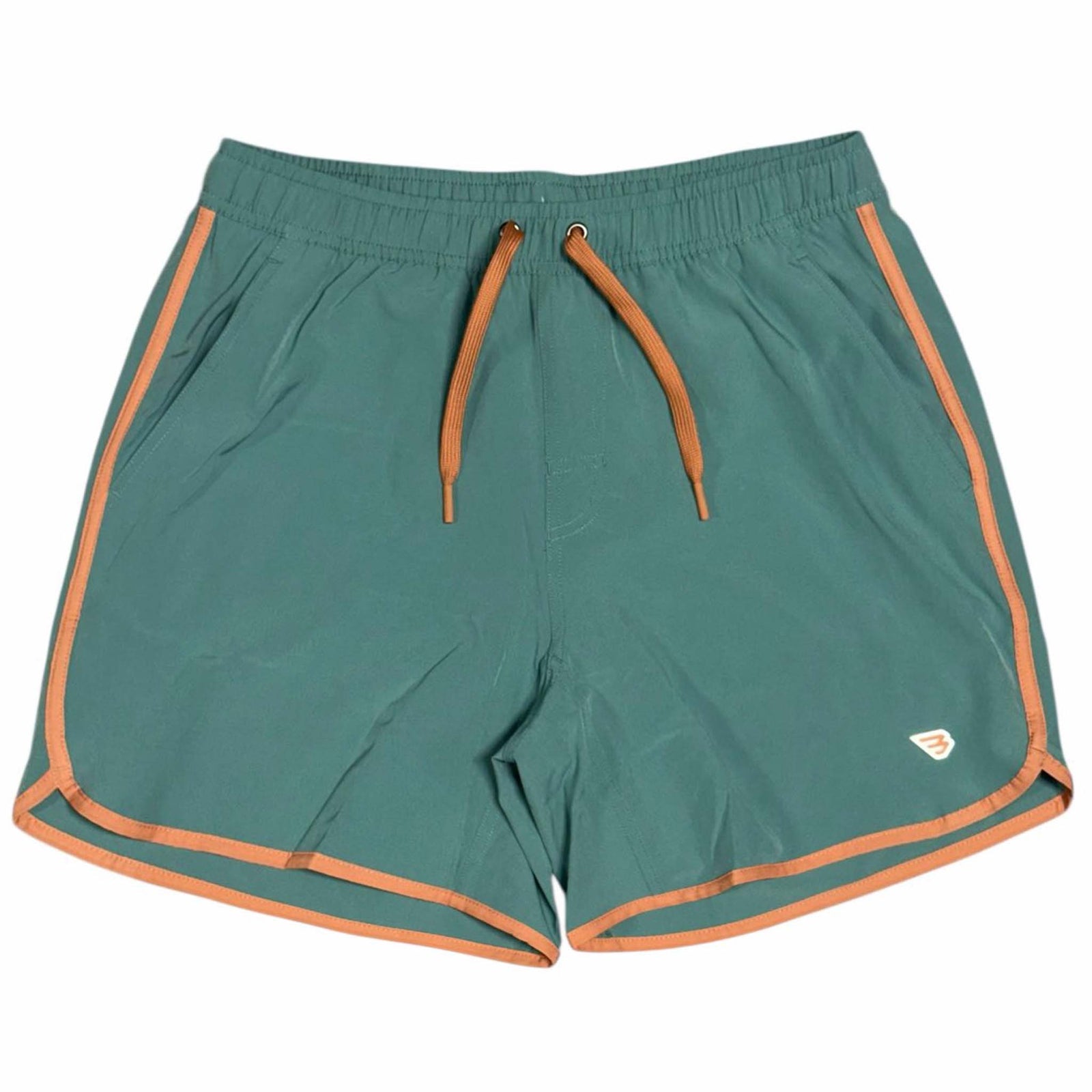 Front flatlay of Burlebo 5 Inch Lined Swim Shorts in Saltwater Teal shown on a white background.