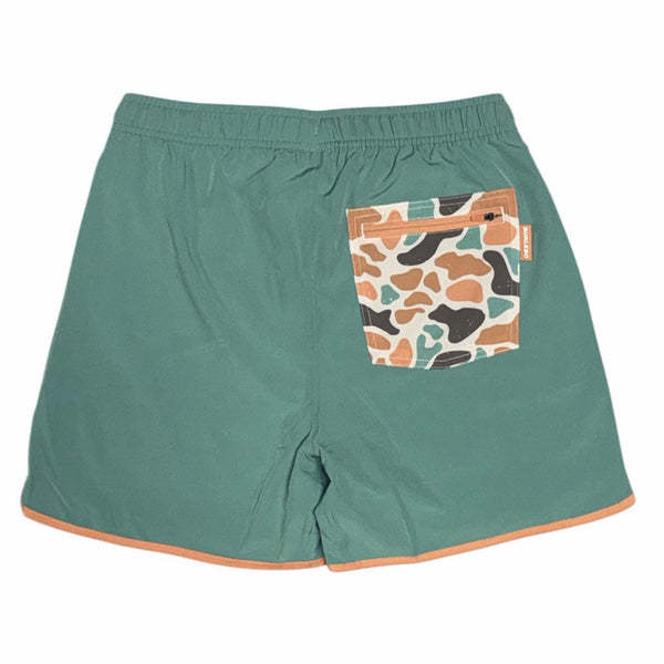 flatlay of Burlebo 5 Inch Lined Swim Shorts in Saltwater Teal shown on a white background.