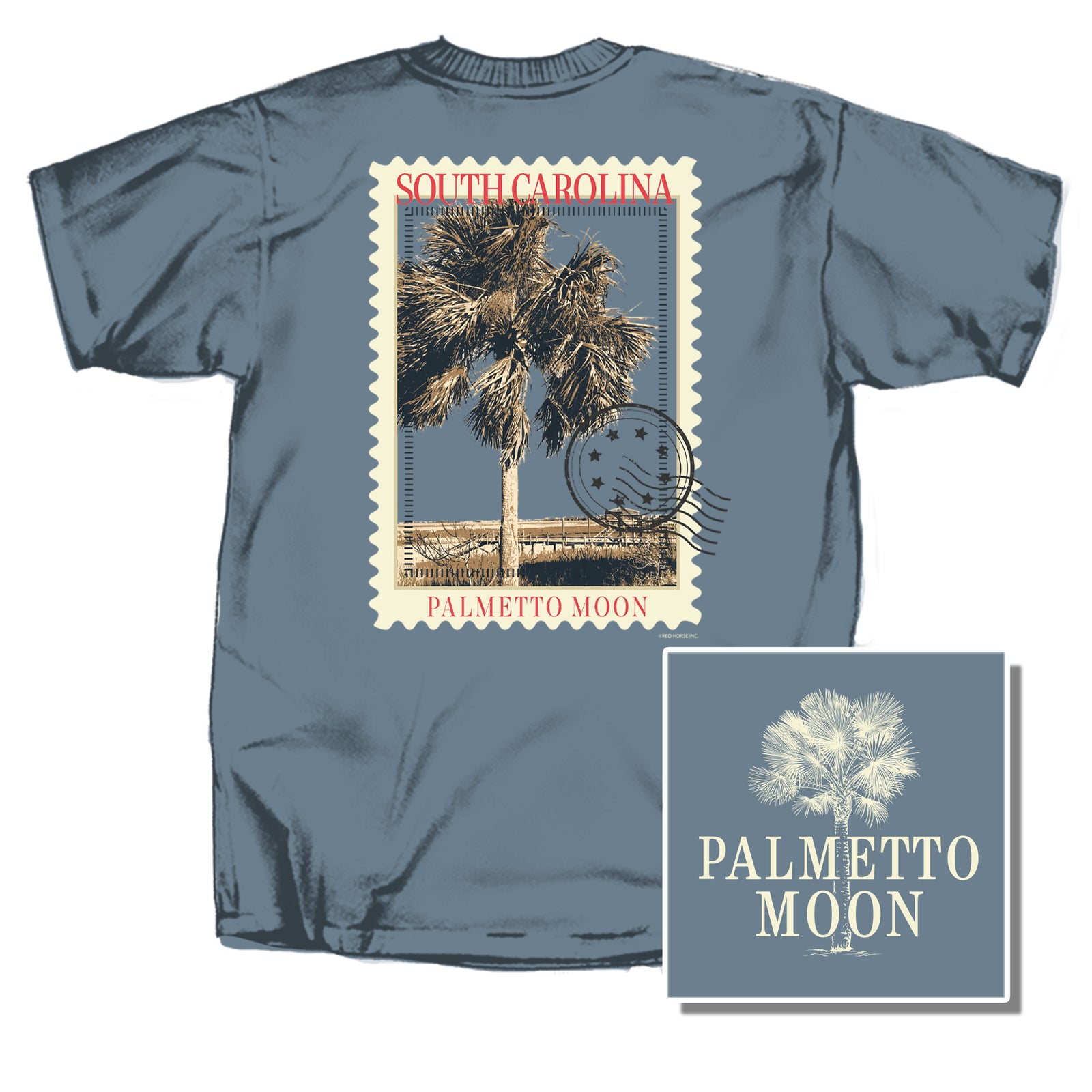 Blue t-shirt with a graphic of a palm tree and 'Palmetto Moon' text on a white background