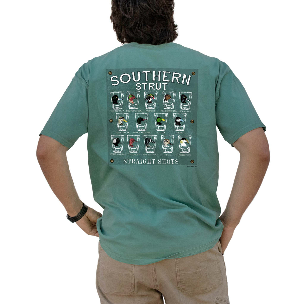 Back view of a seafoam green t-shirt with a “Southern Strut Straight Shots” graphic featuring 12 illustrated duck species in shot glasses.