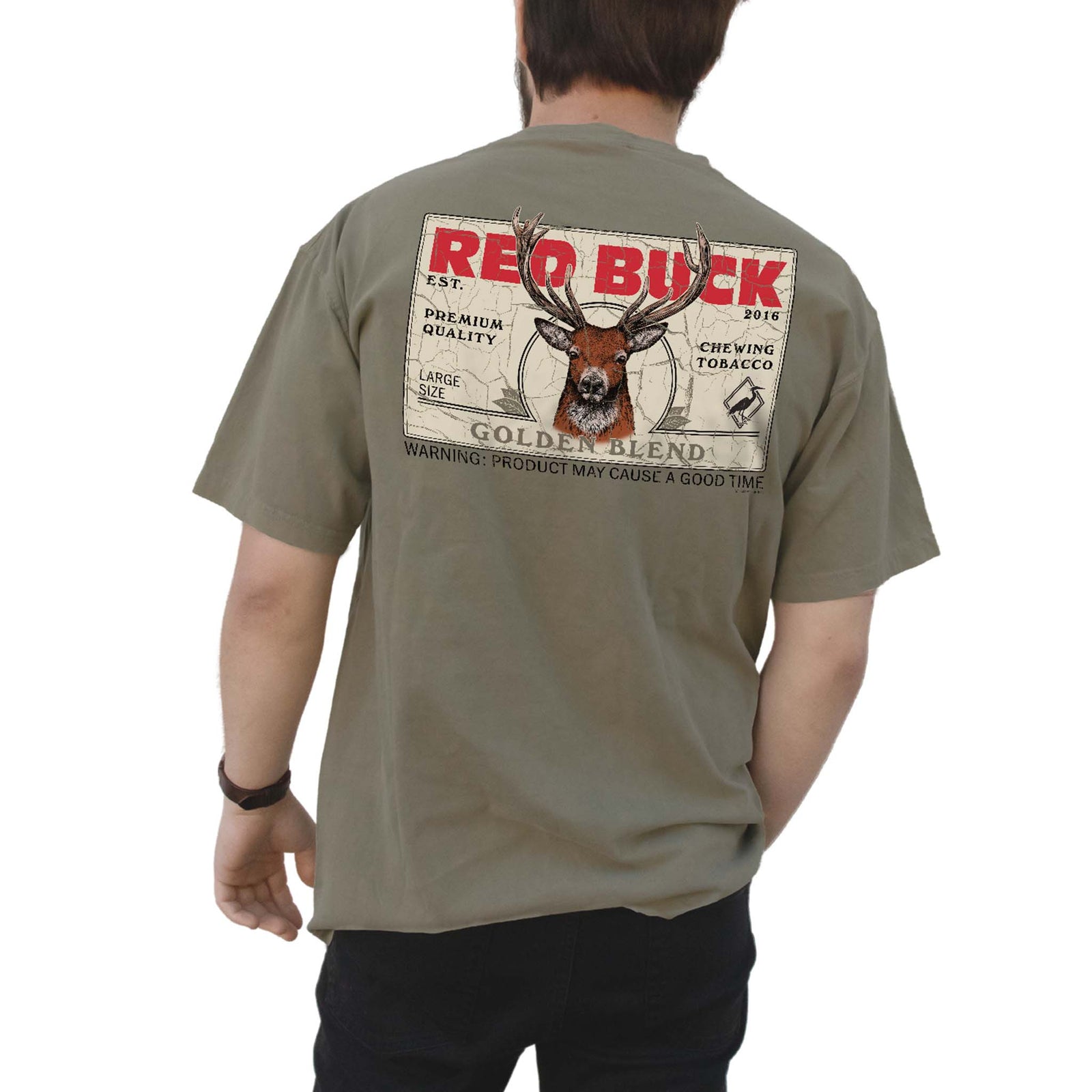 Back view of a khaki t-shirt with a “RED BUCK Golden Blend” chewing tobacco graphic and a buck illustration centered on the upper back.