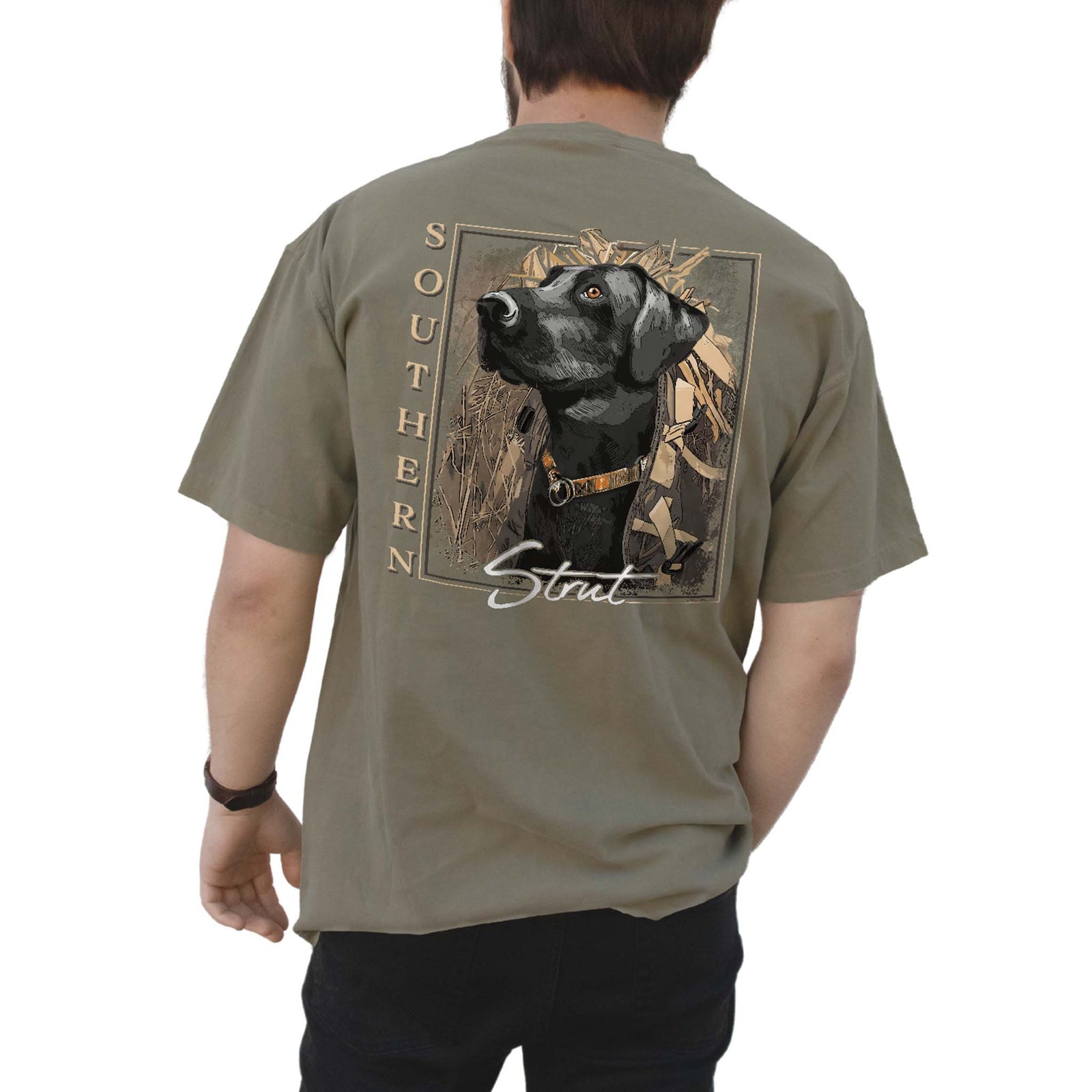 Southern Strut khaki t-shirt with black Labrador retriever graphic on the back, detailed with field background and Southern Strut text.