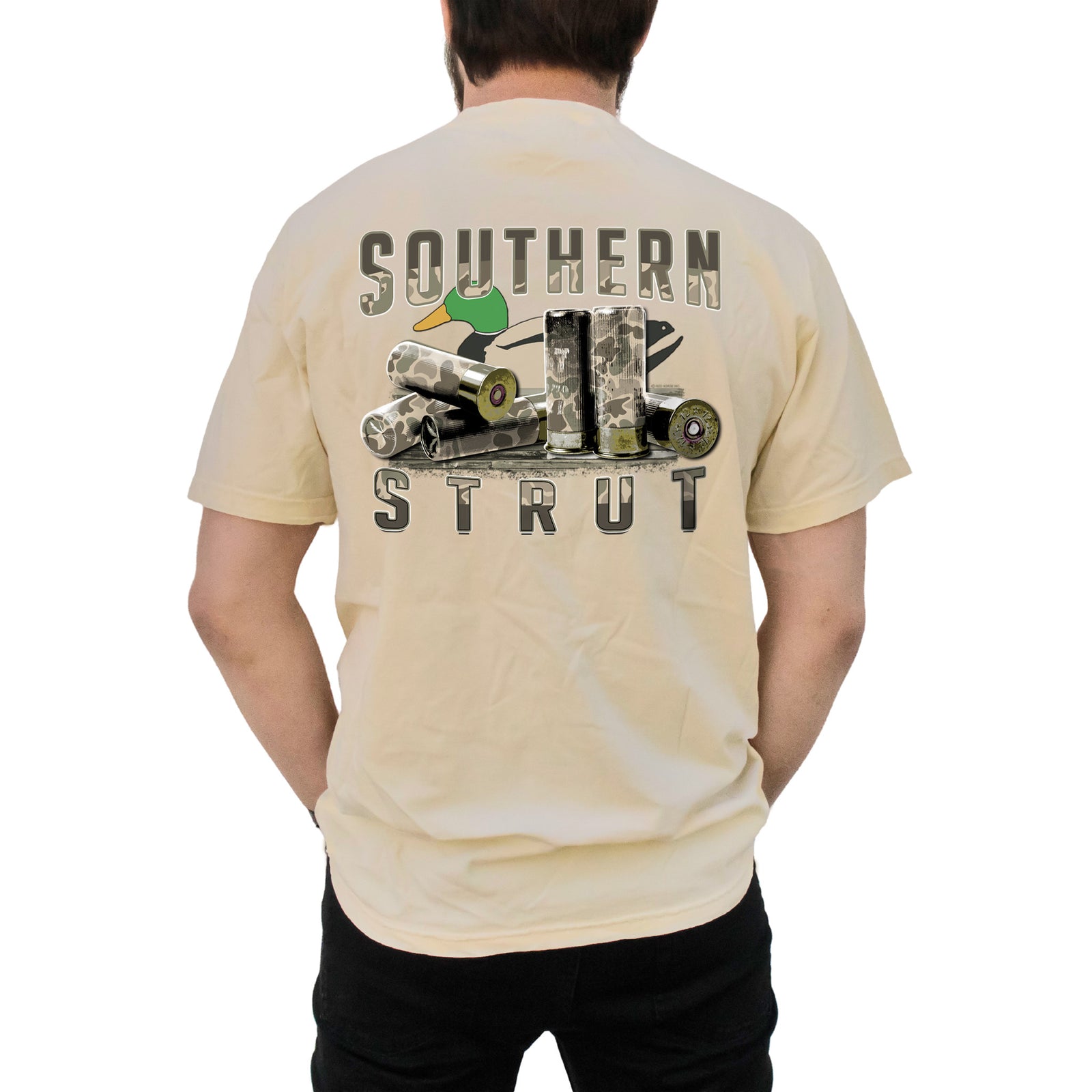 Beige t-shirt with 'Southern Strut' graphic on the back, worn by a person.