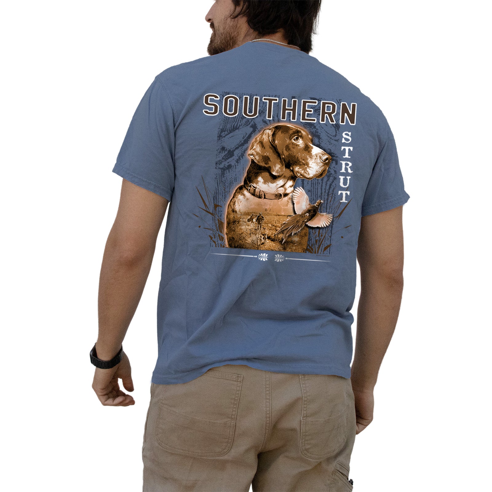 Blue t-shirt with a dog graphic and 'Southern Strut' text on the back, worn by a person.