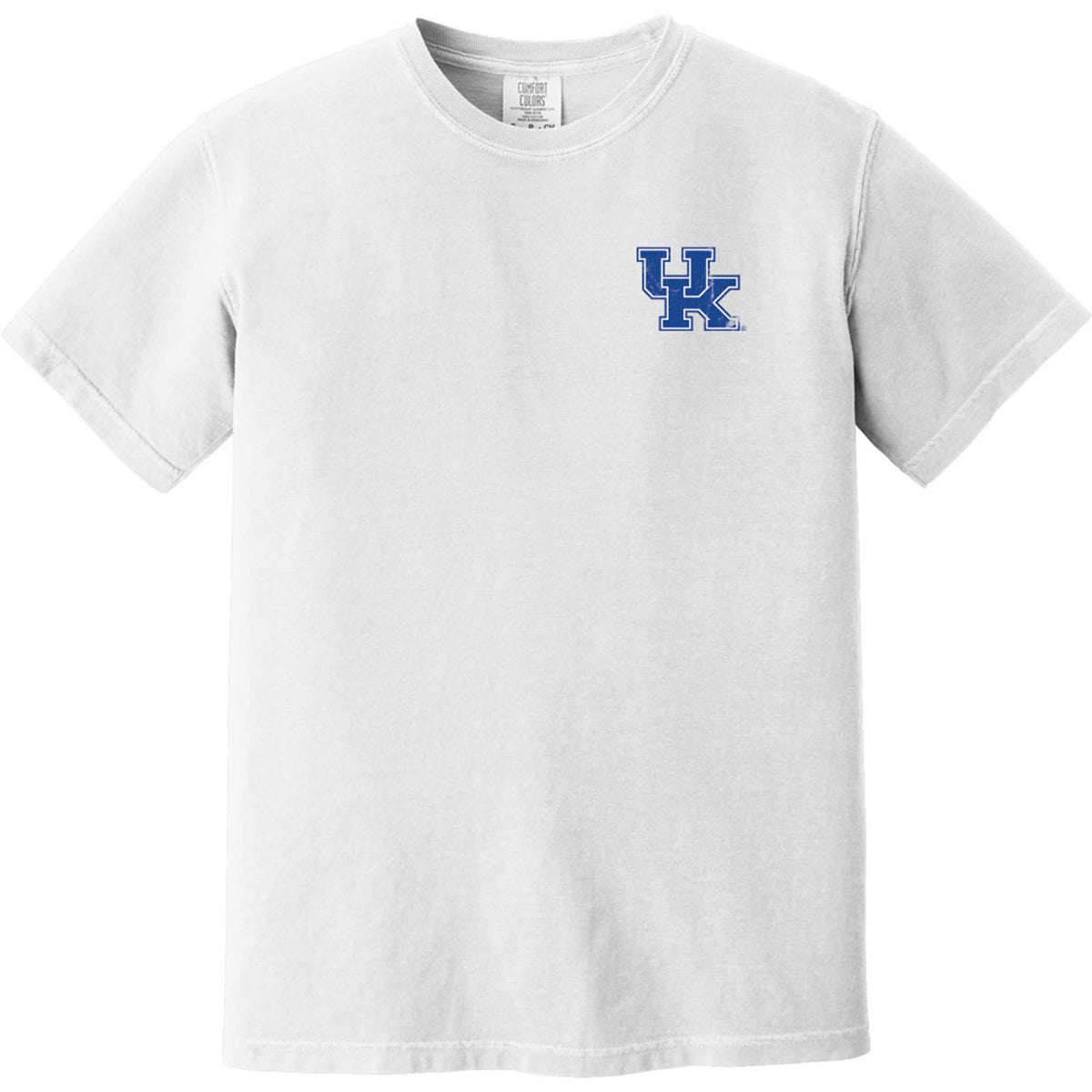 White t-shirt with a blue and red logo on a white background