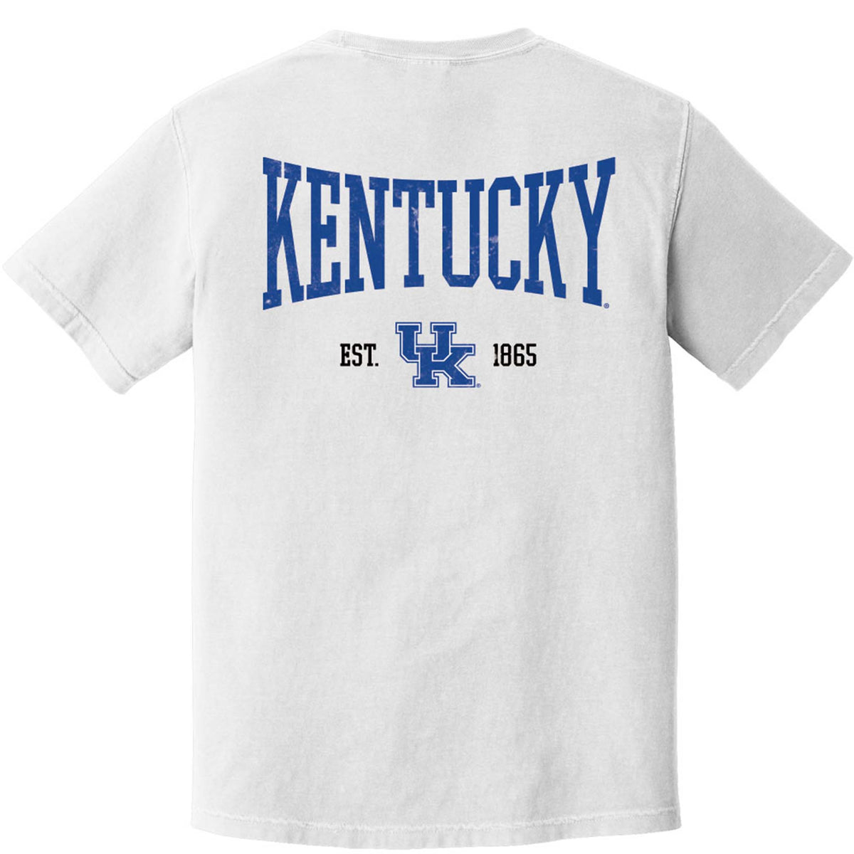 White short-sleeve T-shirt featuring small blue UK logo on front left chest and large blue “Kentucky” text with “Est. 1865” and UK logo on the back.