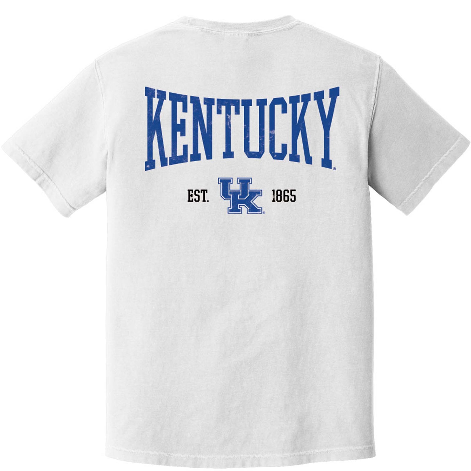 White short-sleeve T-shirt featuring small blue UK logo on front left chest and large blue “Kentucky” text with “Est. 1865” and UK logo on the back.