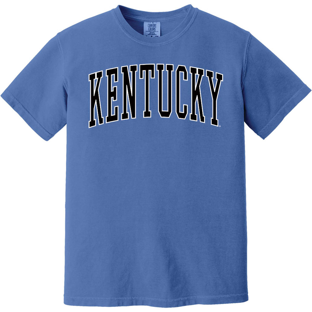 Blue short-sleeve T-shirt featuring large arched black and white “Kentucky” text across the chest, shown facing forward.