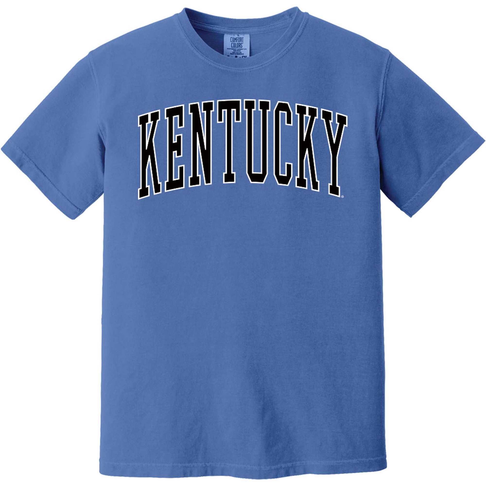 Blue short-sleeve T-shirt featuring large arched black and white “Kentucky” text across the chest, shown facing forward.