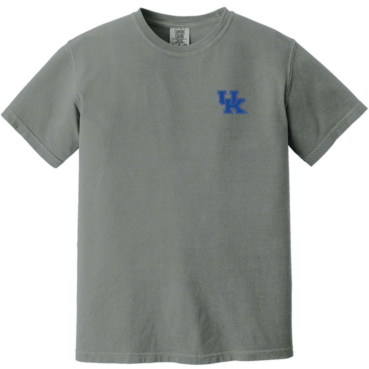 Gray short-sleeve T-shirt featuring small blue UK logo on front left chest and back graphic with bell tower, striped design, and “Kentucky Wildcats” text.
