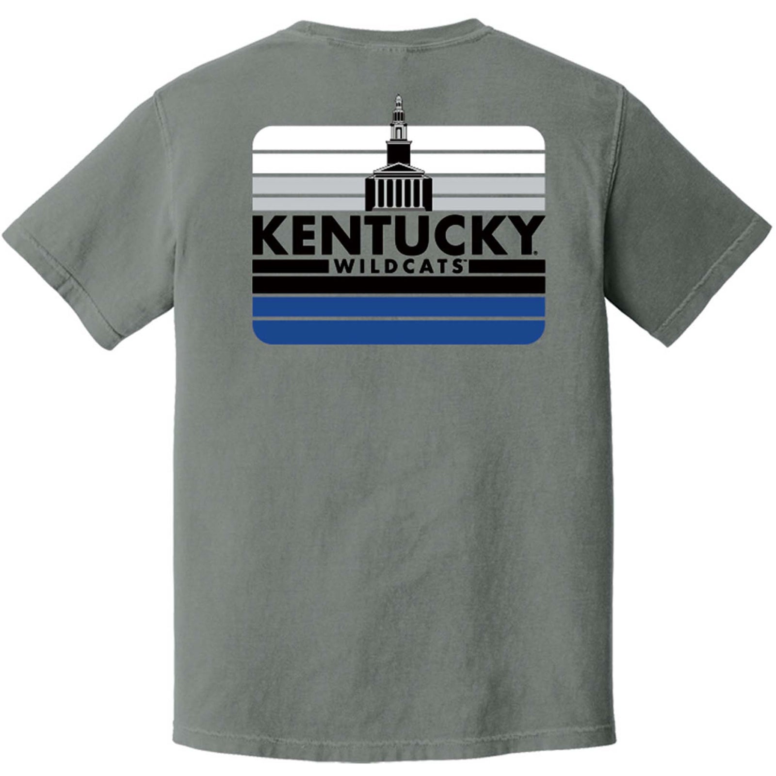 Gray short-sleeve T-shirt featuring small blue UK logo on front left chest and back graphic with bell tower, striped design, and “Kentucky Wildcats” text.