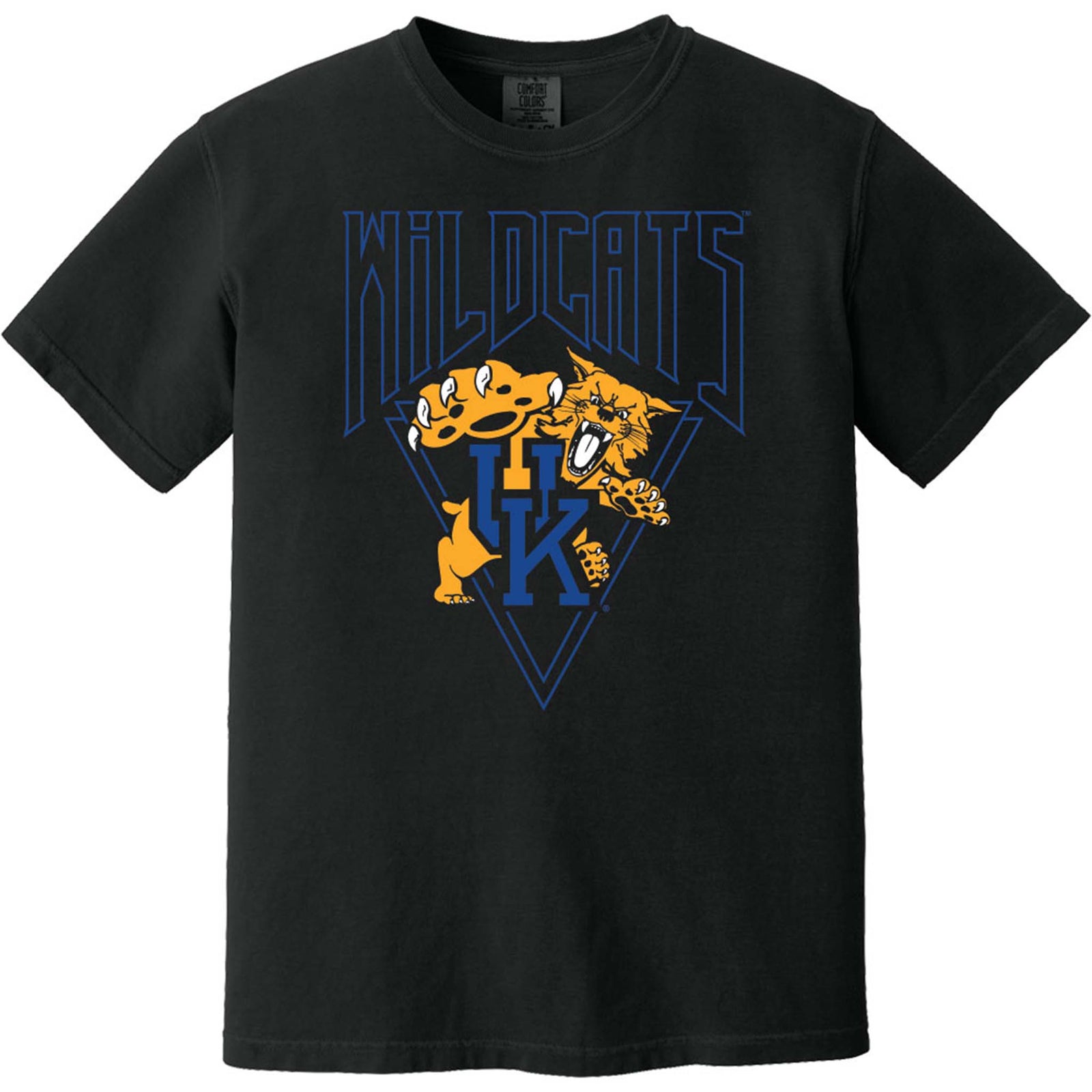 Black short-sleeve T-shirt featuring “Wildcats” text above vintage UK logo and wildcat mascot graphic in blue and gold, shown facing forward.