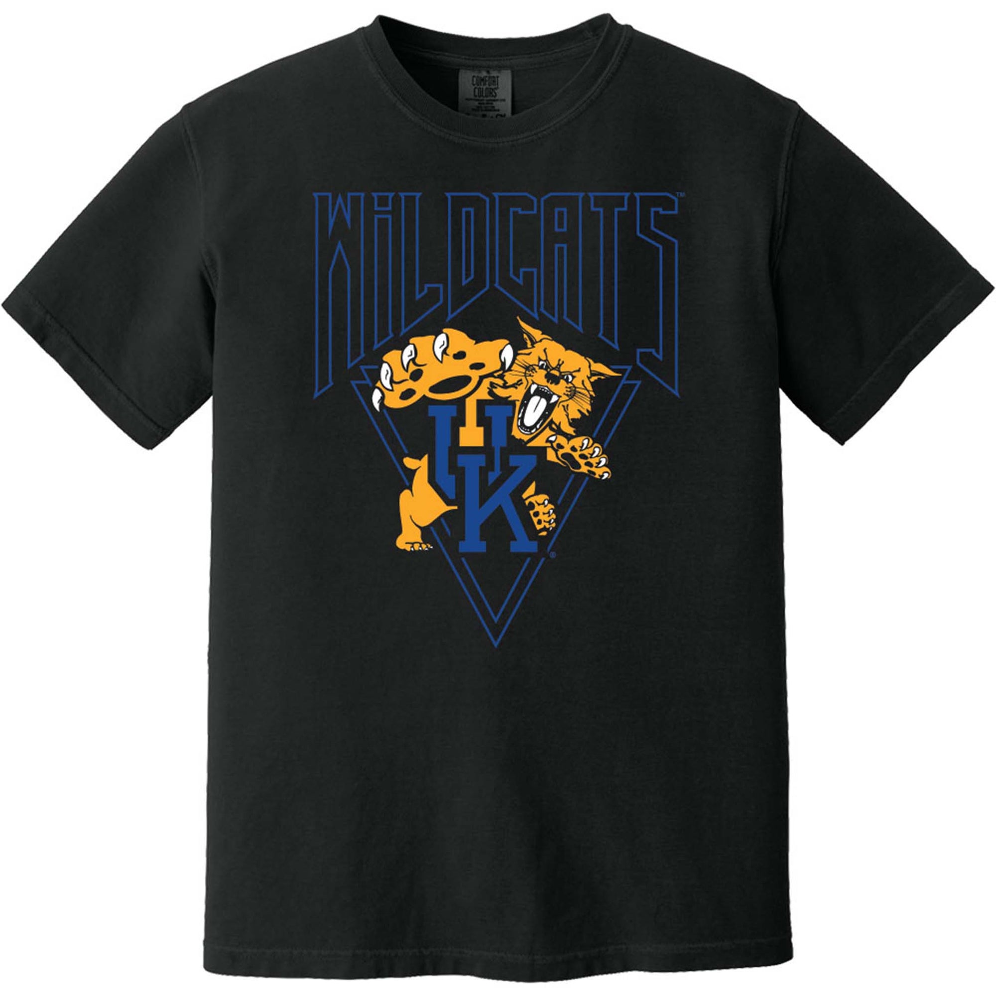 Black short-sleeve T-shirt featuring “Wildcats” text above vintage UK logo and wildcat mascot graphic in blue and gold, shown facing forward.