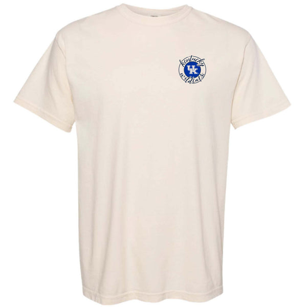 Beige t-shirt with a blue and white logo on a white background