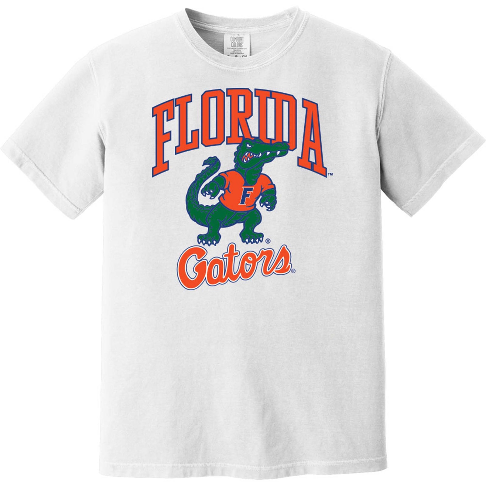 Florida Gators white short sleeve t-shirt by Summit Sportswear with Albert the Alligator mascot graphic and “Florida Gators” text in orange and blue.