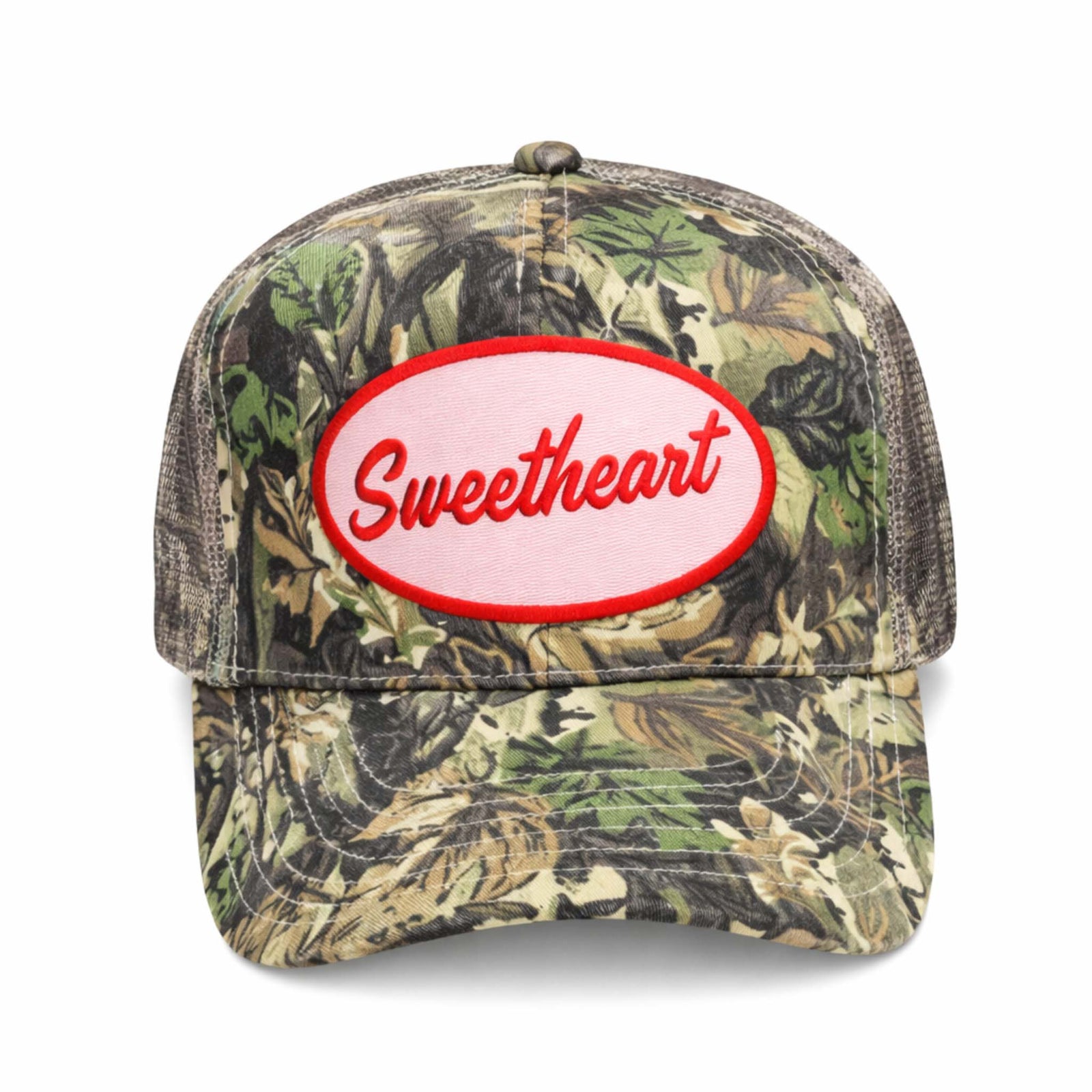 Sweetheart Camo Hat by KenzKustomz featuring all over camo print with light pink patch and red "sweetheart" in script