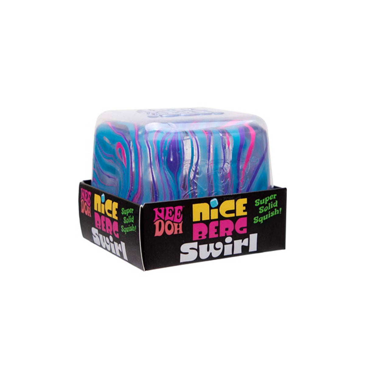 NeeDoh Niceberg Swirl sensory toy with pink, blue, and purple swirls throughout shown in packaging.