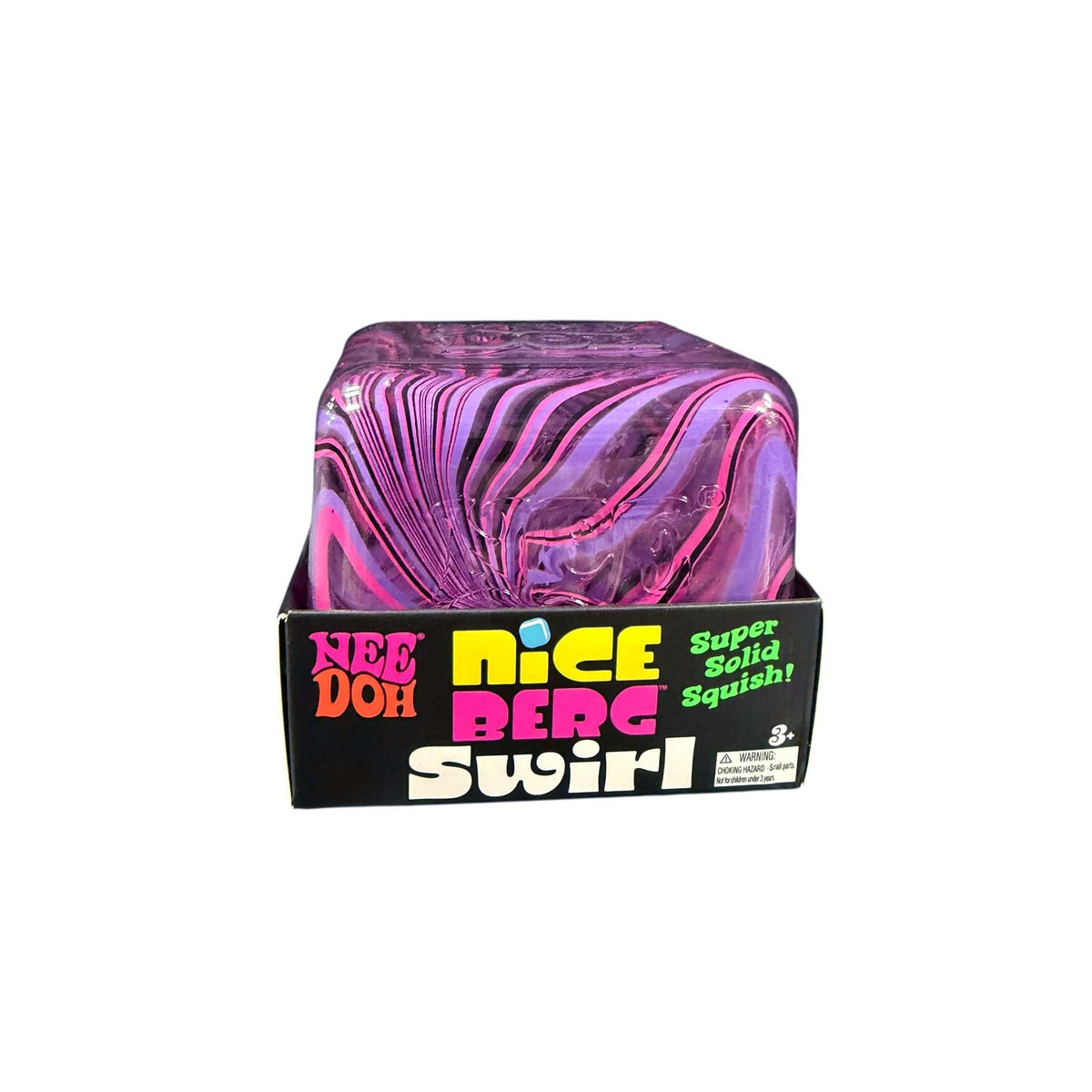 NeeDoh Niceberg Swirl sensory toy with pink,black, and purple swirls throughout shown in packaging.
