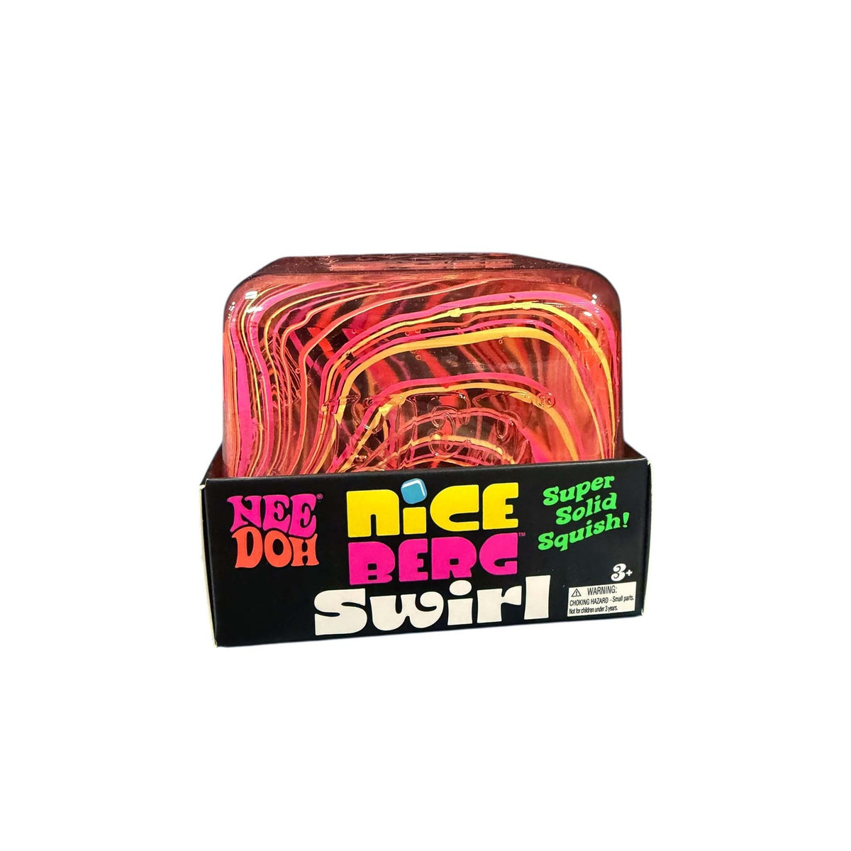 NeeDoh Niceberg Swirl sensory toy with pink, orange, and yellow swirls throughout shown in packaging.