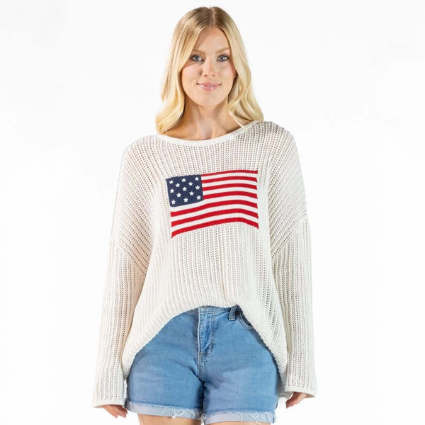 USA Flag Open Knit Sweater in White