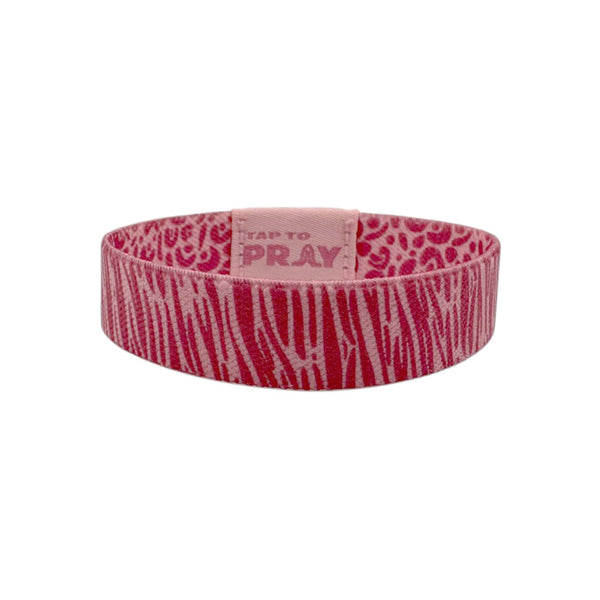 Pink and white patterned wristband with 'Tap to Pray' text on a white background