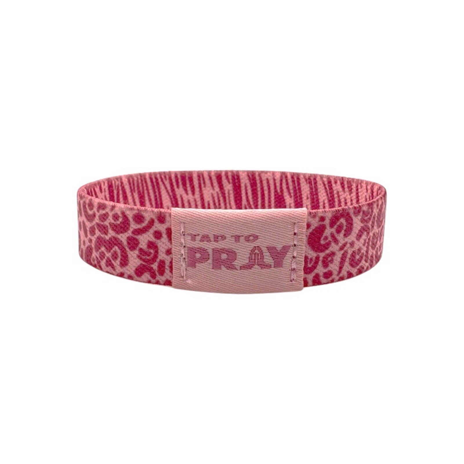 Pink patterned bracelet with 'Tap to Pray' text on a white background