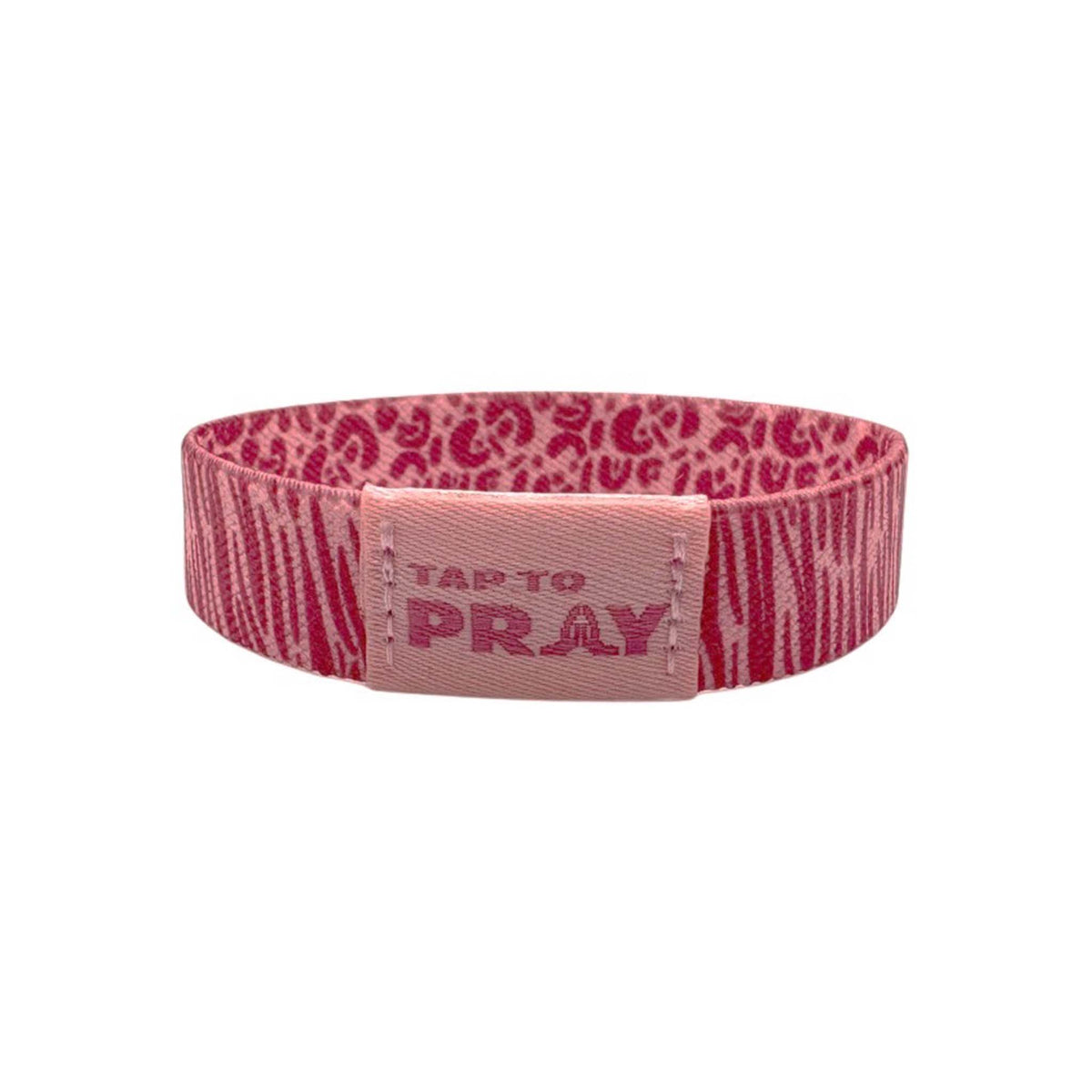 Pink wristband with 'Tap to Pray' text on a white background
