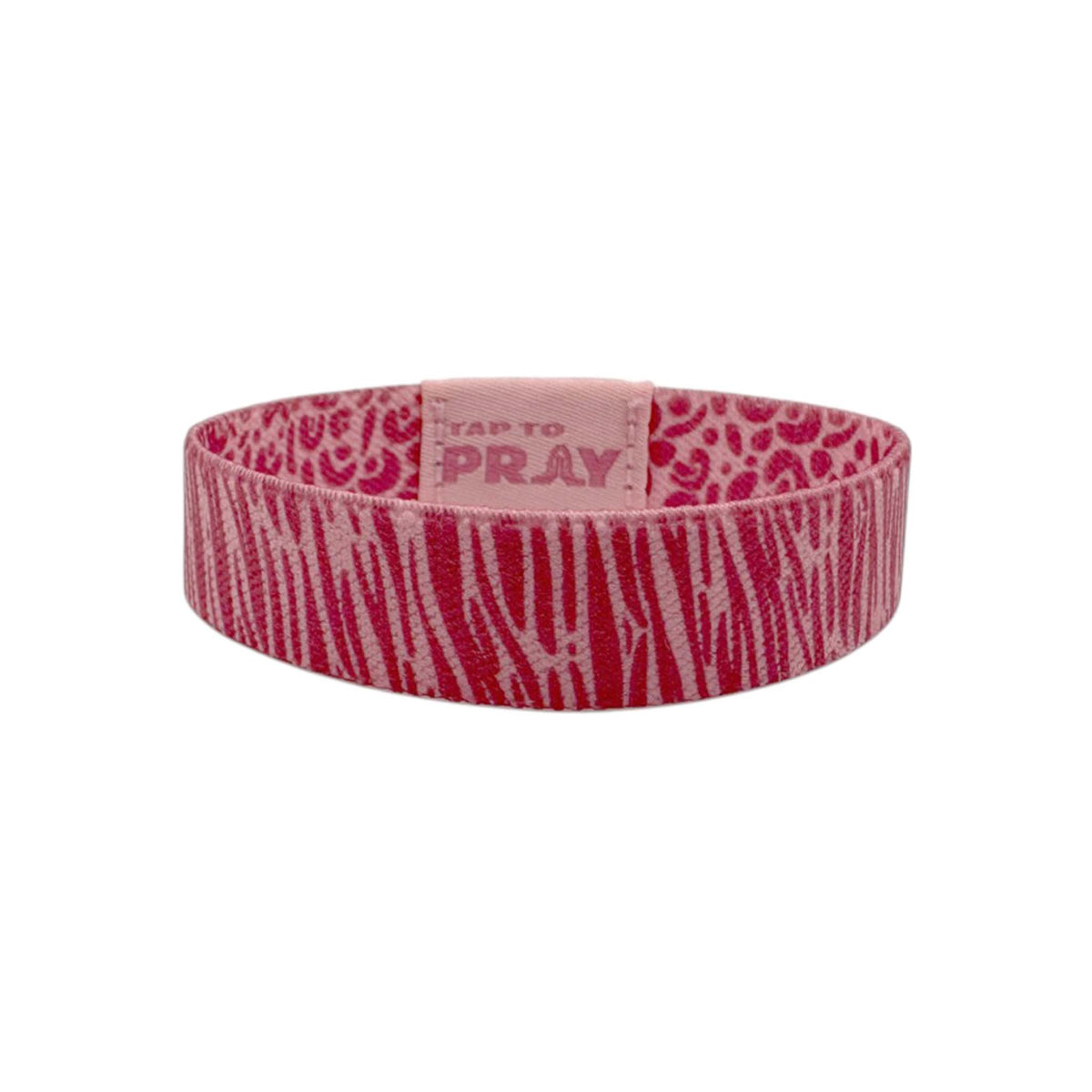 Pink and white patterned wristband with 'Tap to Pray' text on a white background