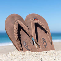 Pair of brown leather flip flops with braided straps positioned upright in sand with ocean and blue sky in background.