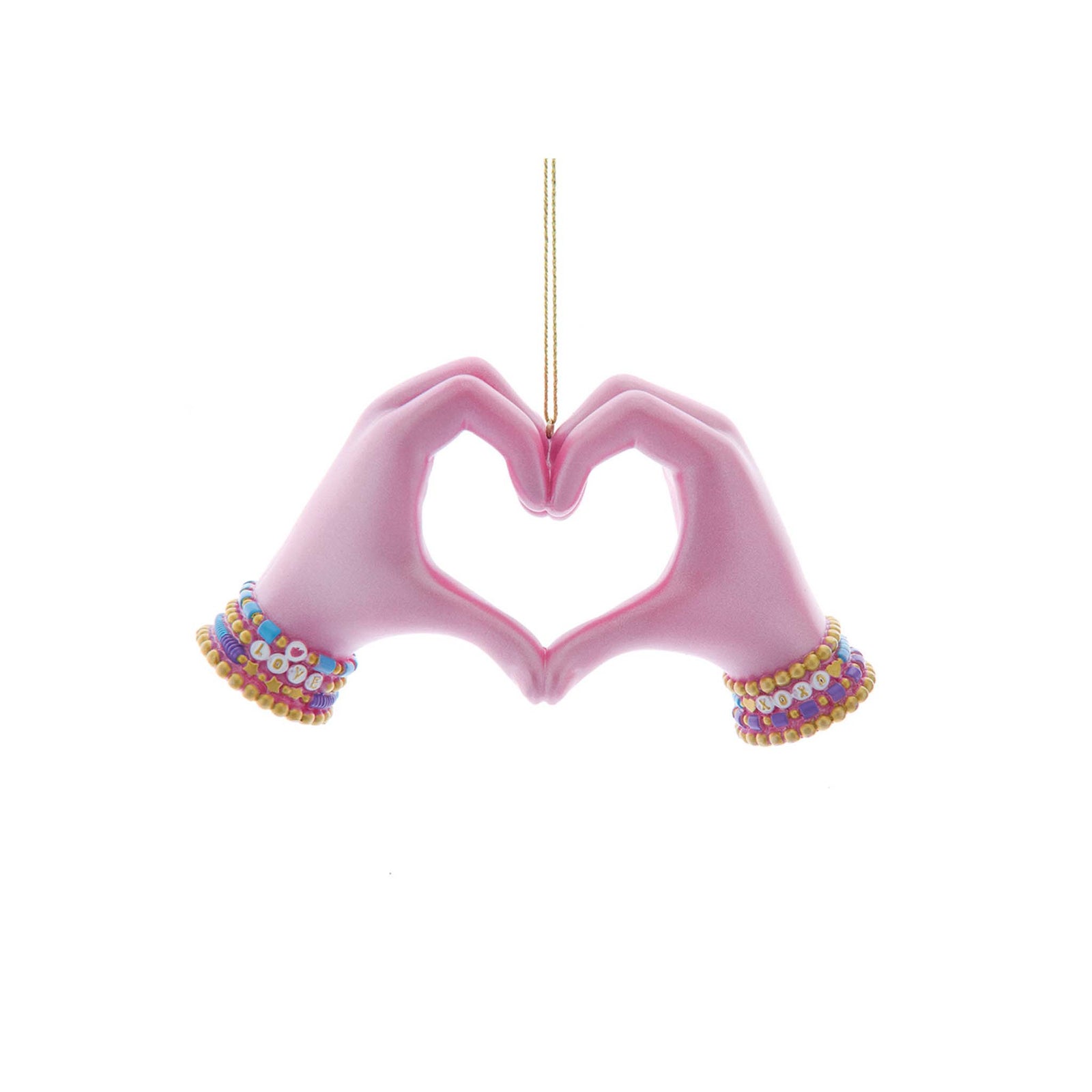 Pink hands heart ornament with colorful beaded bracelets forming a heart shape.