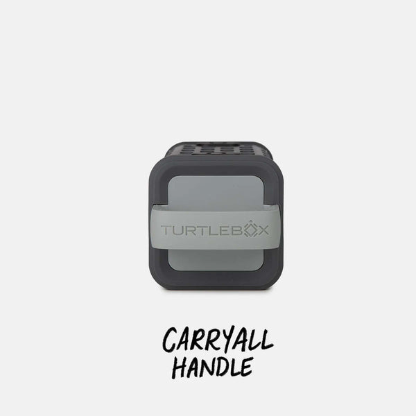 Front view of the gray Turtlebox Ranger speaker showing a carryall handle with the Turtlebox logo embossed on it.