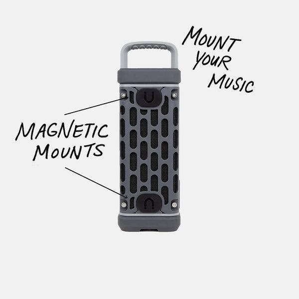 Side view of the gray Turtlebox Ranger speaker showing black mesh grille, magnetic mounts, and labeled “Mount Your Music.”