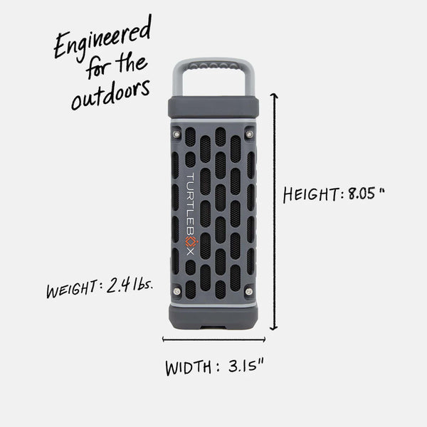 Full view of the grey Turtlebox Ranger speaker with measurements: 8.05" tall, 3.15" wide, and weighs 2.4 lbs. Text says "Engineered for the outdoors."