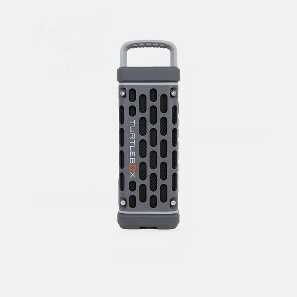 Full view of the grey Turtlebox Ranger speaker. Shown upright.