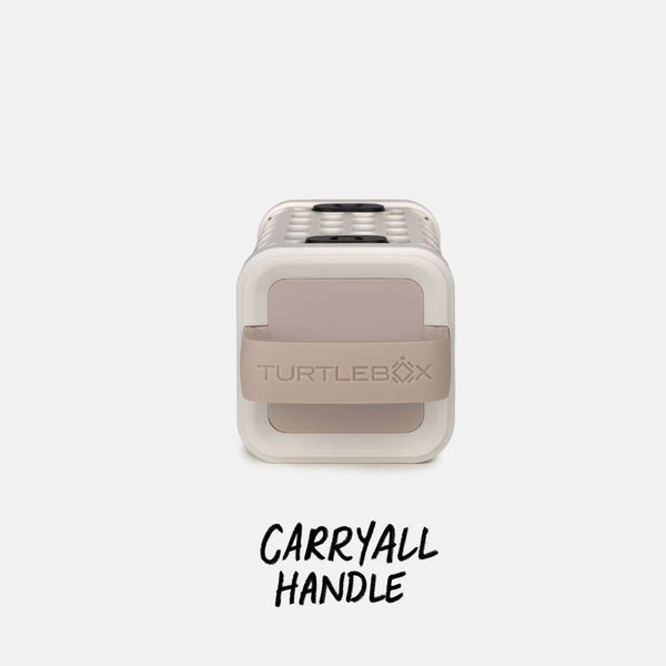 Front view of the ivory Turtlebox Ranger speaker showing the built-in carryall handle with "TURTLEBOX" branding.