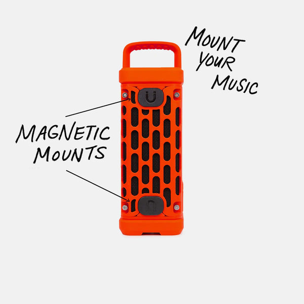 Side view of the Turtlebox Ranger speaker in Orange showing magnetic mounts labeled "Magnetic Mounts" and "Mount Your Music."