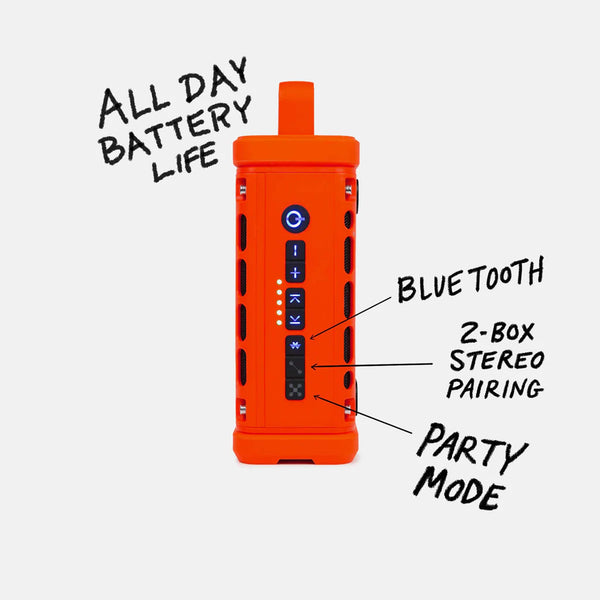 Control panel of the Turtlebox Ranger in orange speaker showing power, volume, Bluetooth, stereo pairing, and party mode buttons with text "All Day Battery Life."