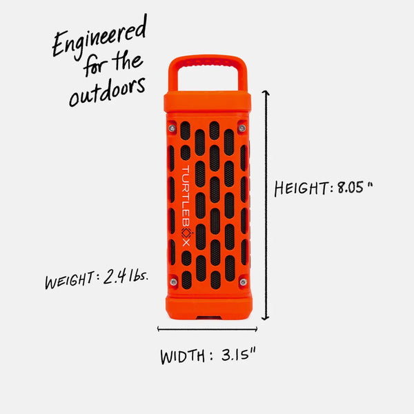Full front view of the Turtlebox Ranger speaker in orange with dimensions noted: 8.05" height, 3.15" width, and 2.4 lbs. weight. Text says "Engineered for the outdoors."
