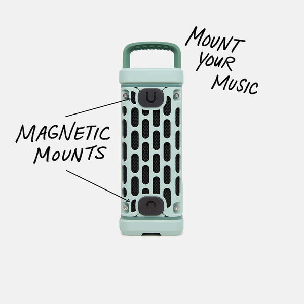 Side of the River Rock Turtlebox Ranger speaker showing magnetic mounts labeled “Mount Your Music” and “Magnetic Mounts.”