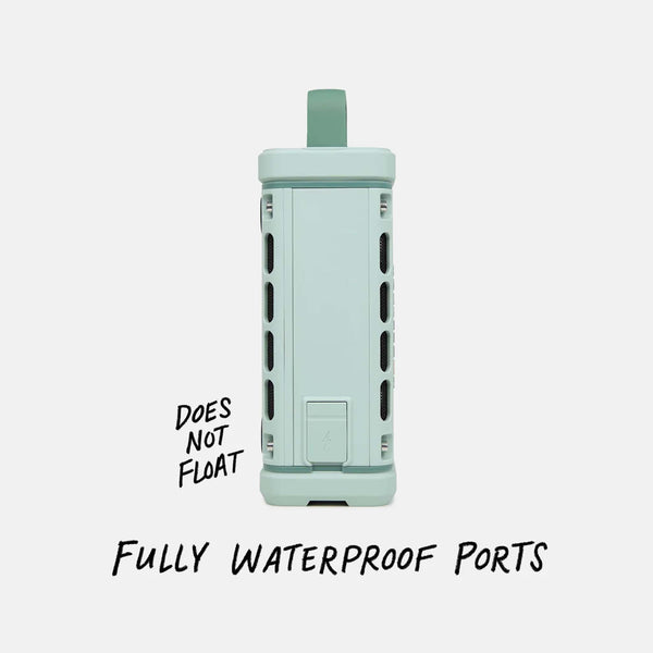 Side view of River Rock Turtlebox Ranger speaker with waterproof port cover. Text says “Does Not Float” and “Fully Waterproof Ports.”