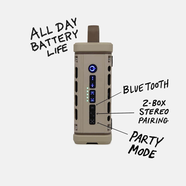Close-up of the control panel on the tan Turtlebox Ranger speaker, with labeled features including Bluetooth, 2-box stereo pairing, and party mode.