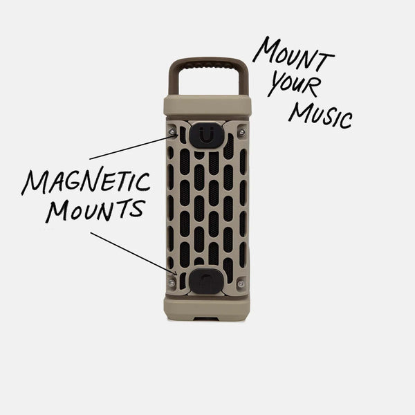 Side view of the tan Turtlebox Ranger speaker showing magnetic mounts labeled “Mount Your Music” and “Magnetic Mounts.”