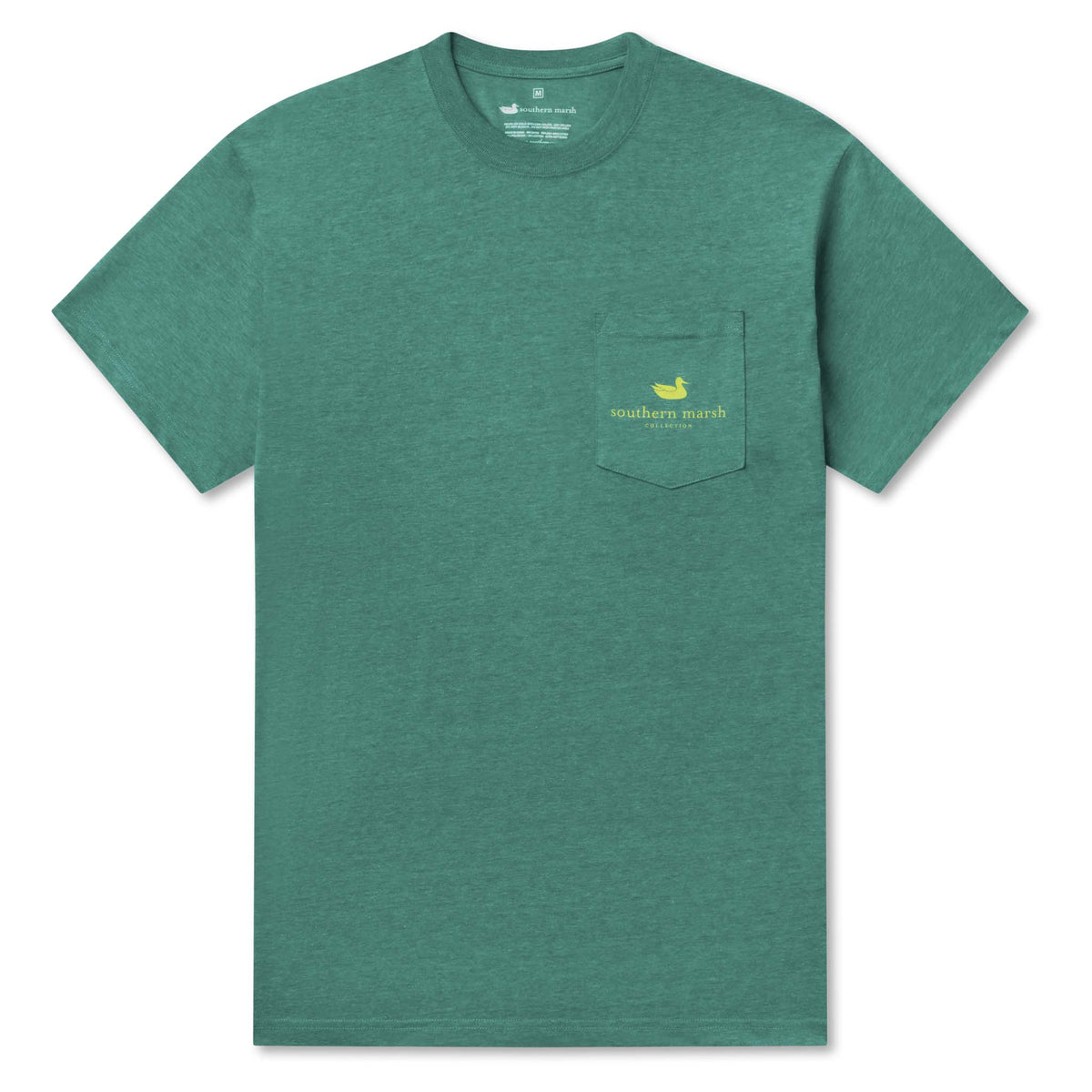 Green t-shirt with a small Southern Marsh logo on the chest pocket against a white background.