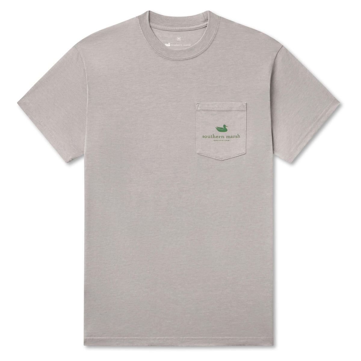 Gray t-shirt with a green Southern Marsh logo on the chest pocket against a white background.