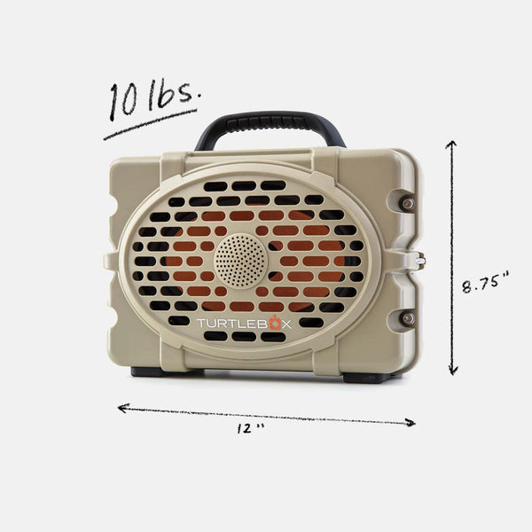 front view of TurtleBox Gen 3 Tan Portable Speaker with dimensions specs
