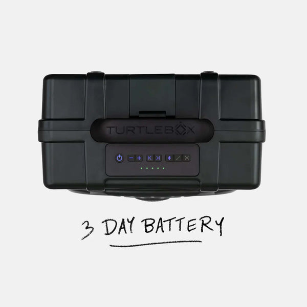 Turtlebox Gen 3 Green Portable Speaker top view showing control panel and text indicating a 3-day battery life.