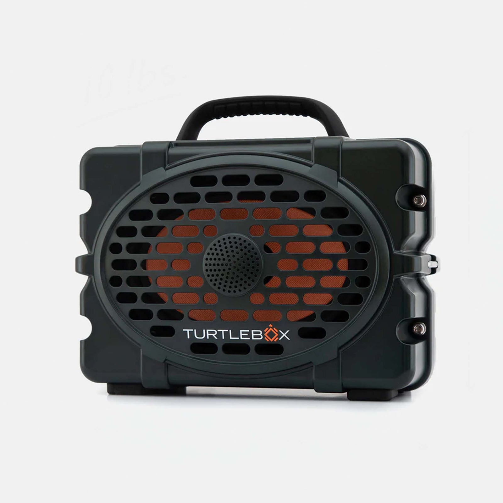 Turtlebox Gen 3 Green Portable Speaker shown from the front with a rugged green shell, speaker grille, and black carry handle on top.