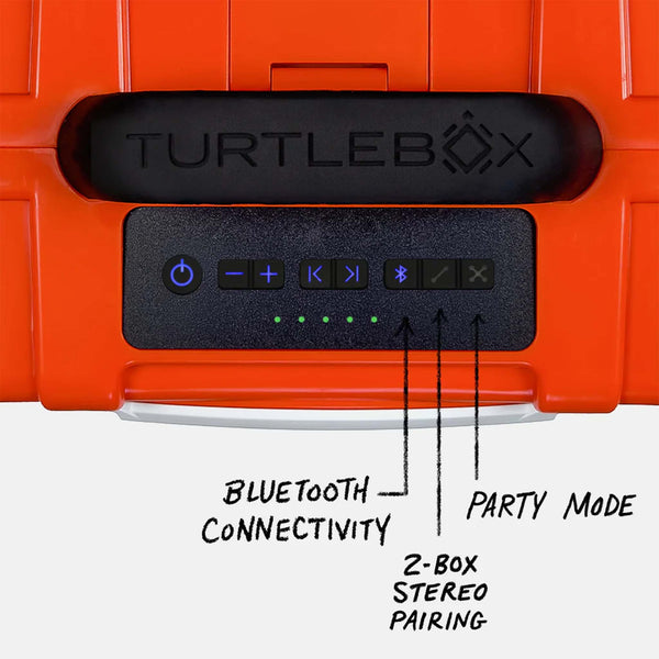 Close up of top of orange generation 3 turtlebox speaker.