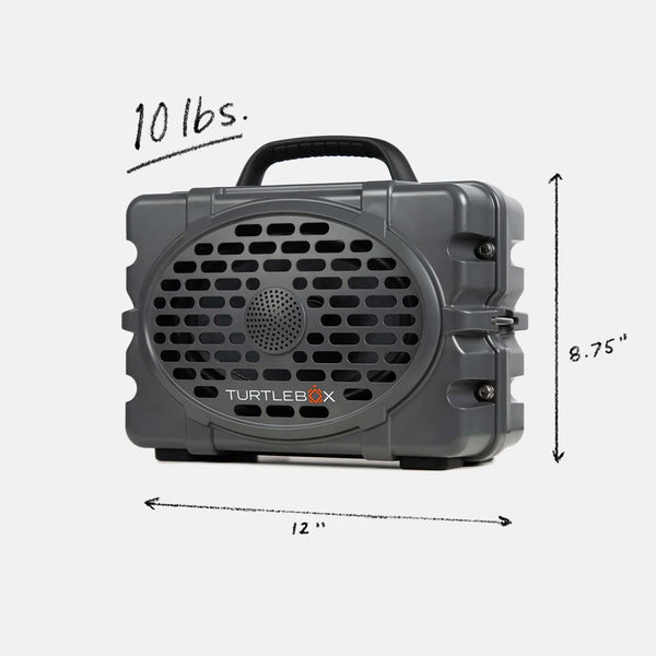 front view of TurtleBox Gen 3 Gray Portable Speaker with measurement specs
